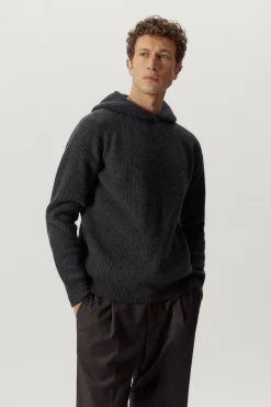 Maglia con Cappuccio a Coste in Lana Cardata