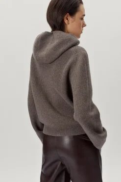 Maglia con Cappuccio a Coste in Lana Cardata