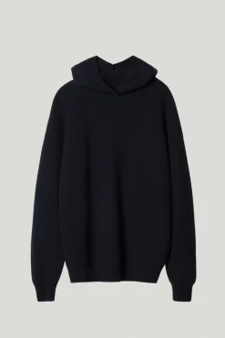 Maglia con Cappuccio a Coste in Lana Cardata