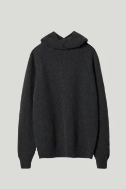 Maglia con Cappuccio a Coste in Lana Cardata