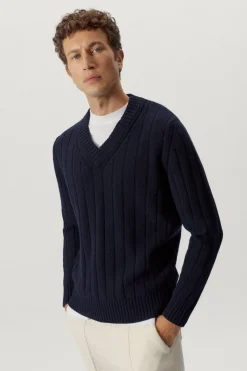 Maglia Vintage con Scollo a V in Lana Cardata