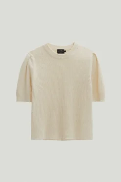 T-Shirt a Coste in Lino Cotone con Pinces
